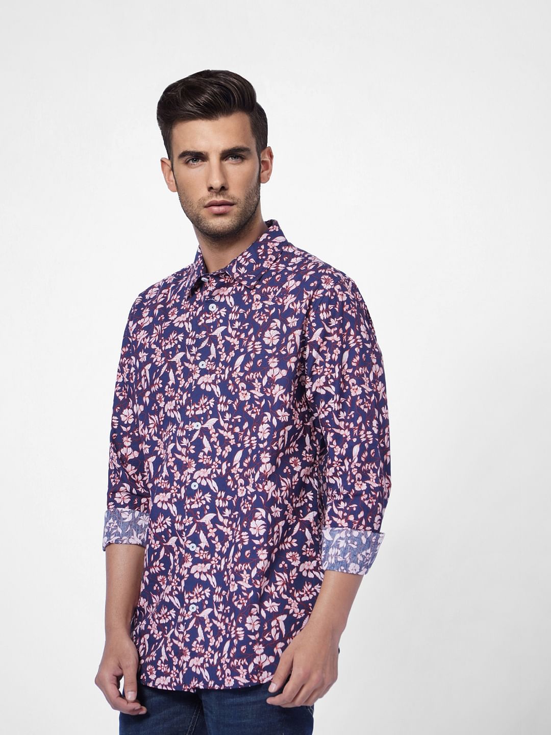 Navy Blue Floral Print Full Sleeves Shirt