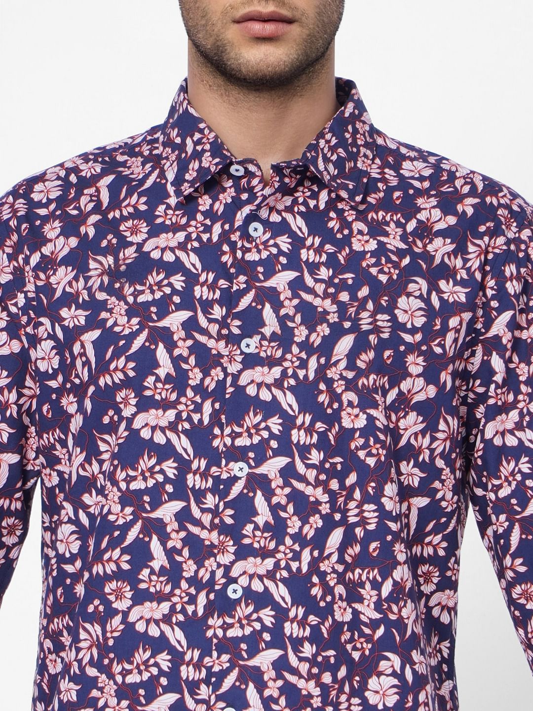 Navy Blue Floral Print Full Sleeves Shirt