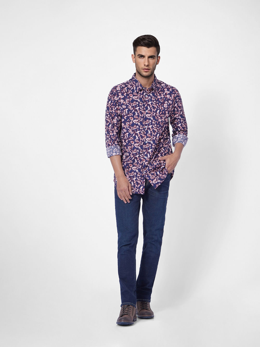 Navy Blue Floral Print Full Sleeves Shirt