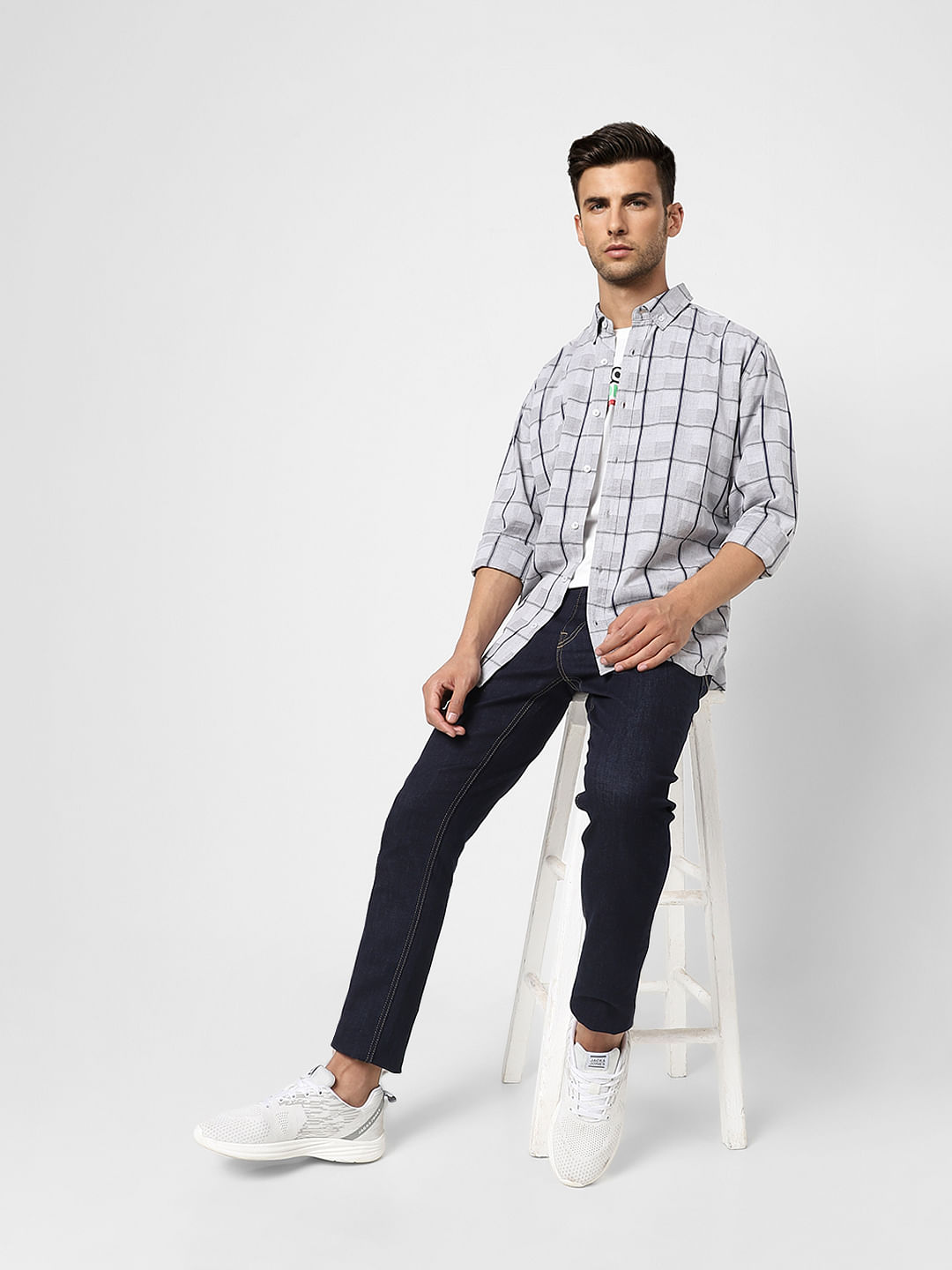 Grey Check Print Full Sleeves Shirt - S