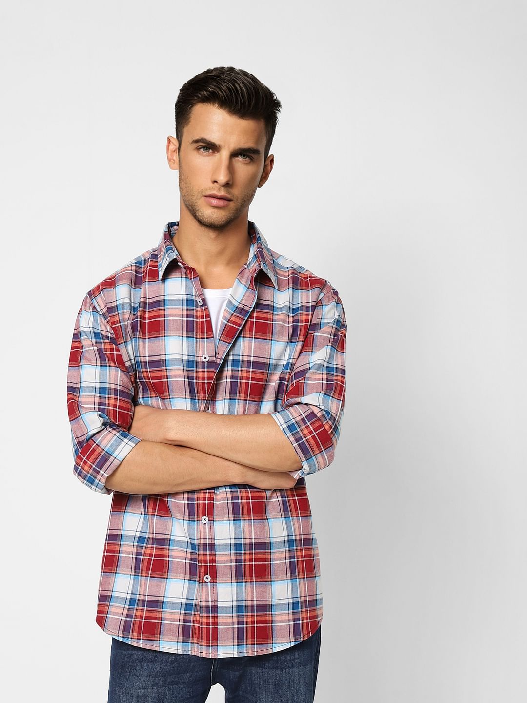 Red Check Print Full Sleeves Shirt - S