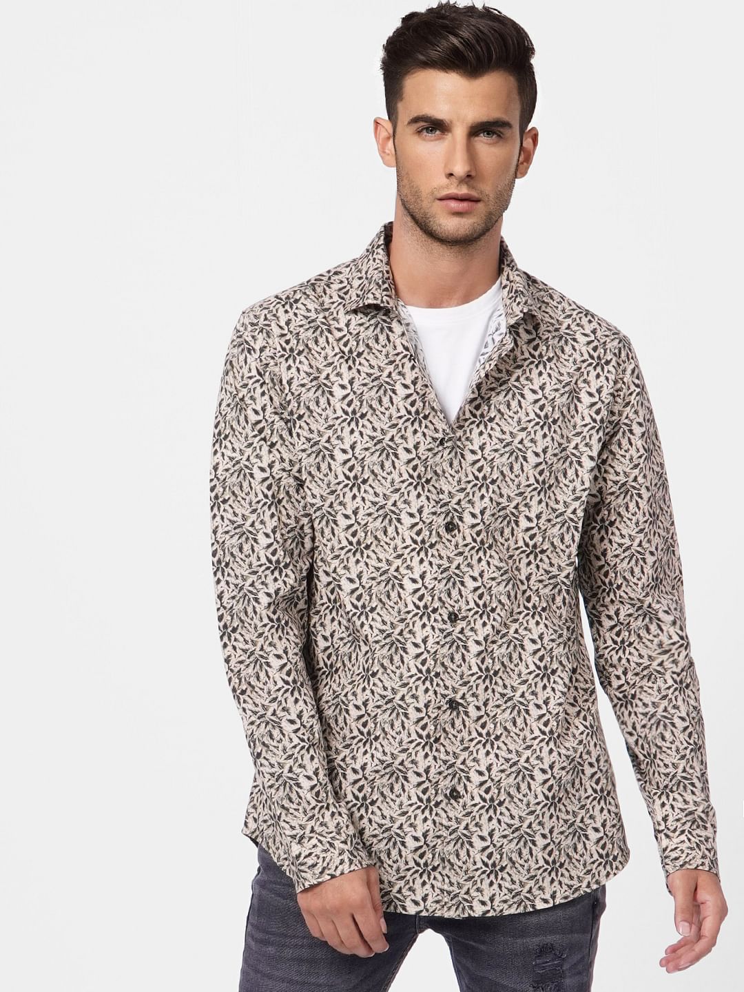 Green Floral Print Full Sleeves Shirt - S