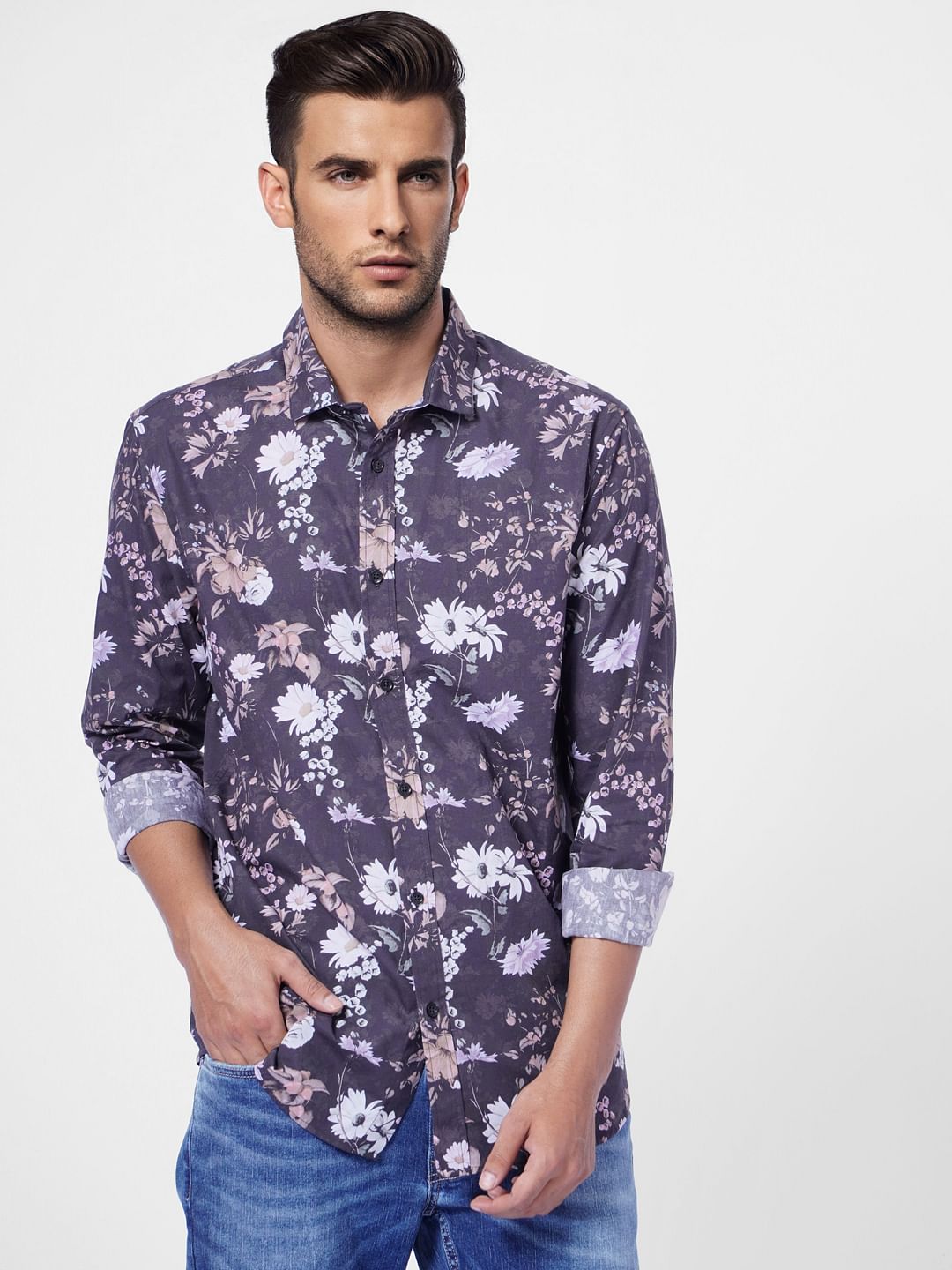 Black Floral Print Full Sleeves Shirt