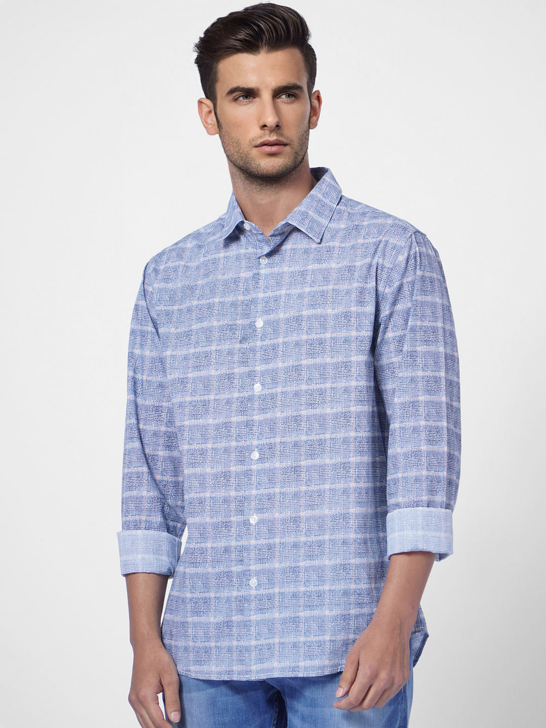 Blue Colourblocked Check Full Sleeves Shirt