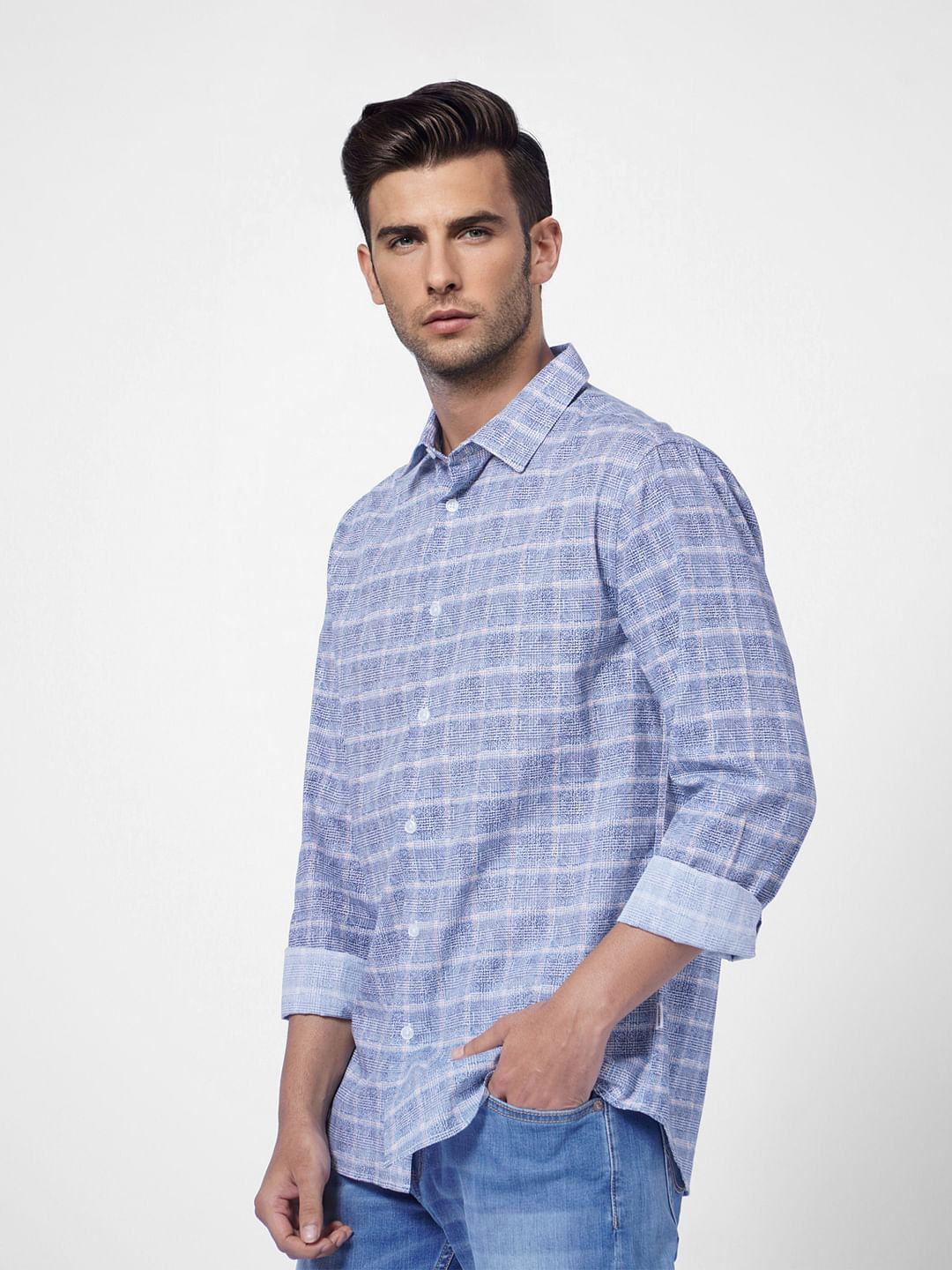 Blue Colourblocked Check Full Sleeves Shirt
