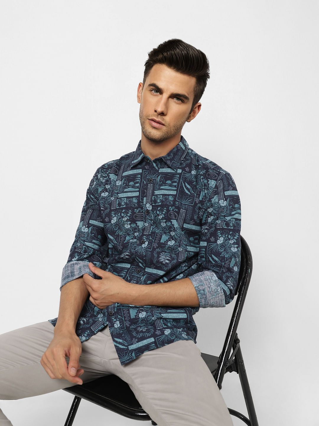 Green Printed Full Sleeves Shirt - S