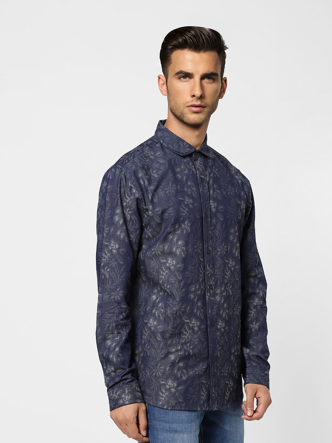 Blue Floral Denim Full Sleeves Shirt