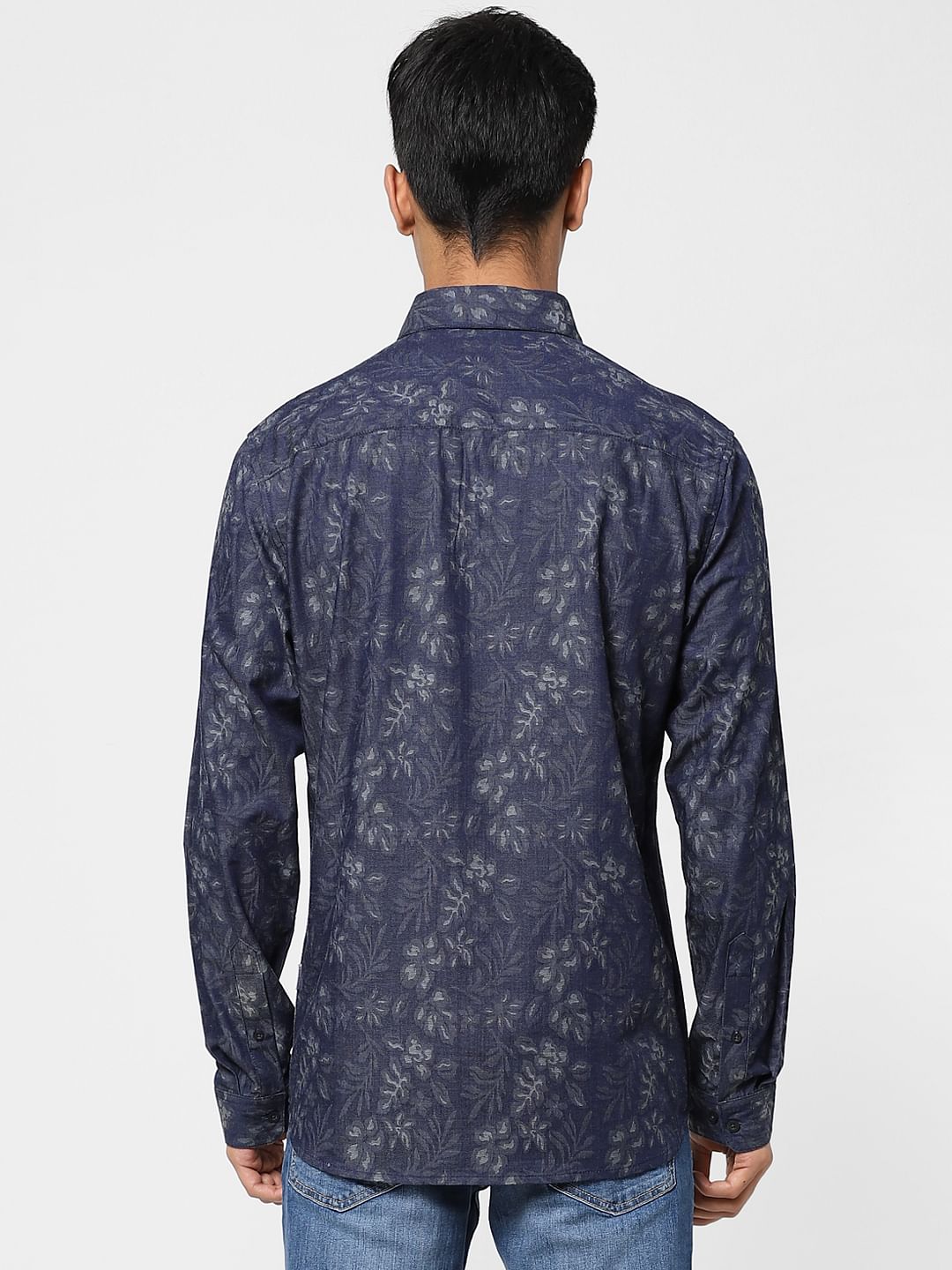 Blue Floral Denim Full Sleeves Shirt