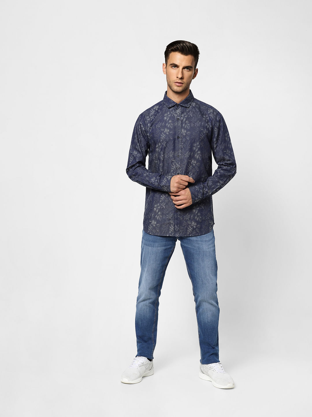 Blue Floral Denim Full Sleeves Shirt