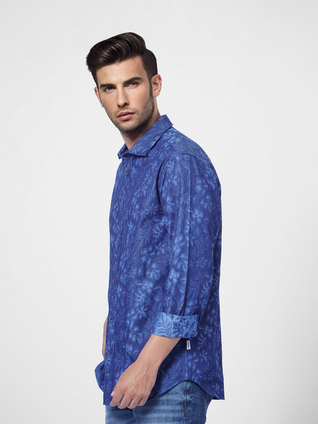 Light Blue Floral Denim Full Sleeves Shirt