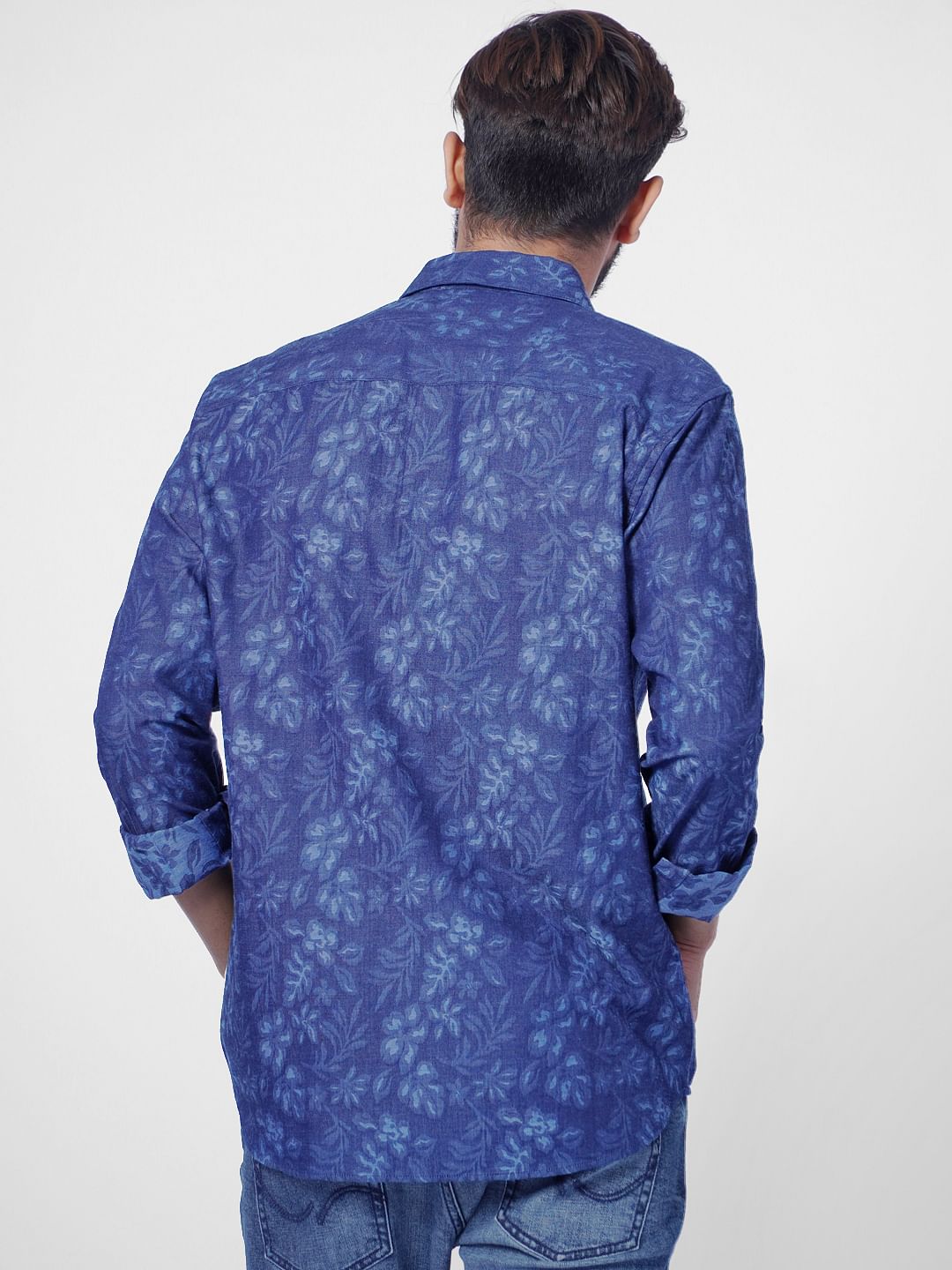 Light Blue Floral Denim Full Sleeves Shirt