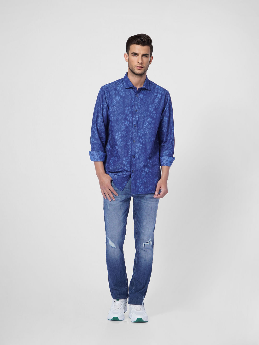 Light Blue Floral Denim Full Sleeves Shirt