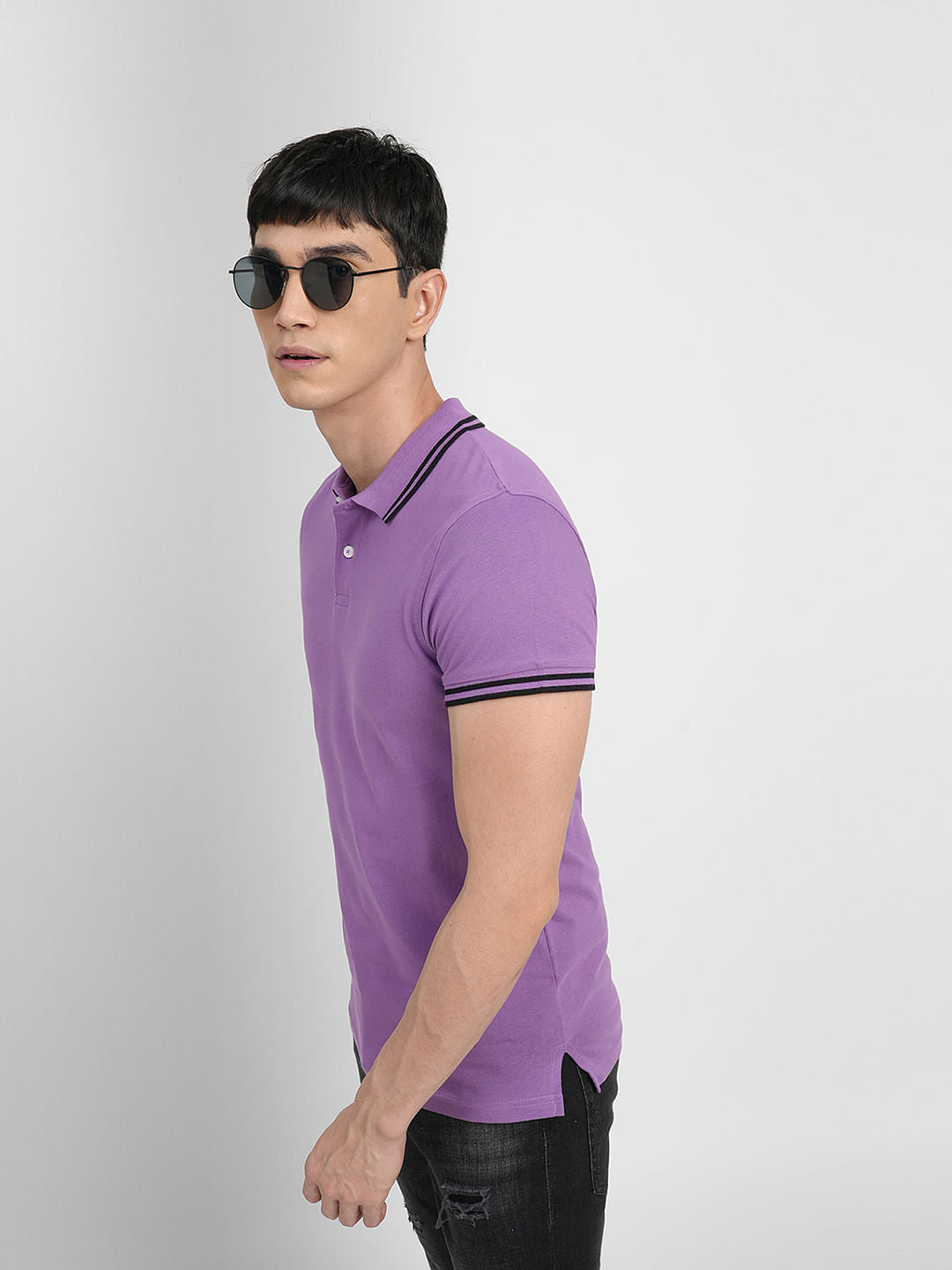 Purple Tape Detail Polo Neck T-shirt - S