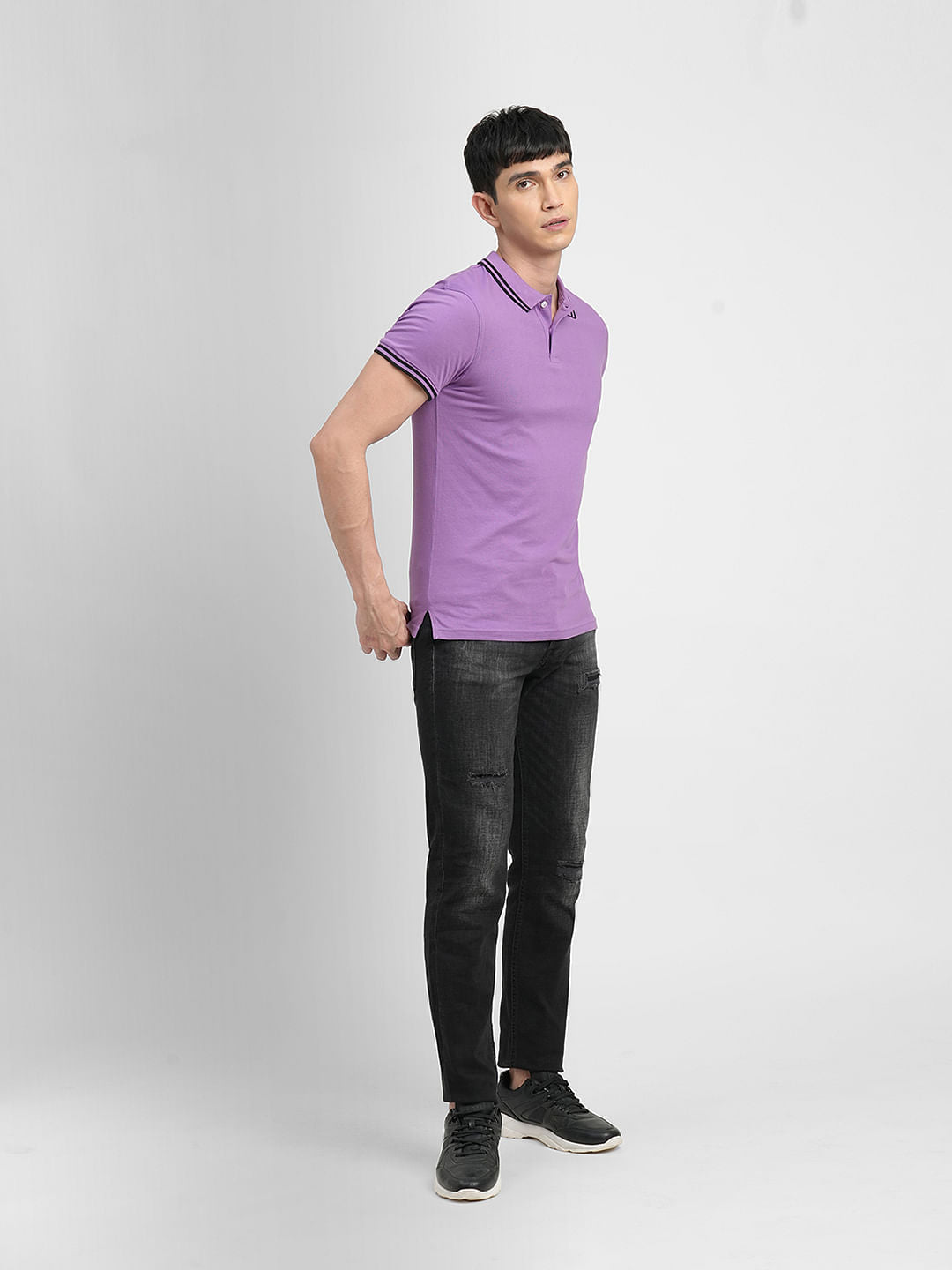 Purple Tape Detail Polo Neck T-shirt