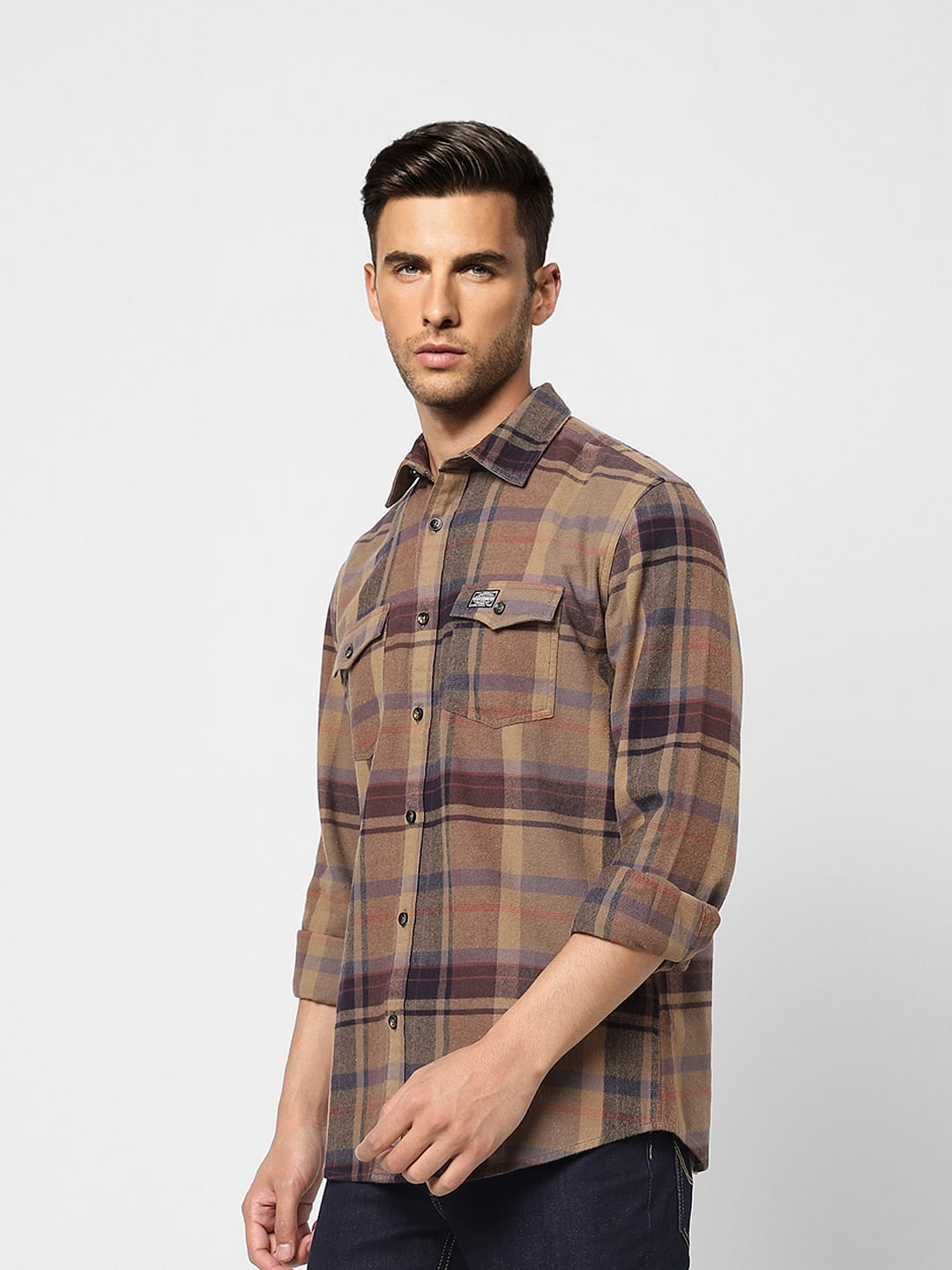 Brown Check Print Full Sleeves Shirt