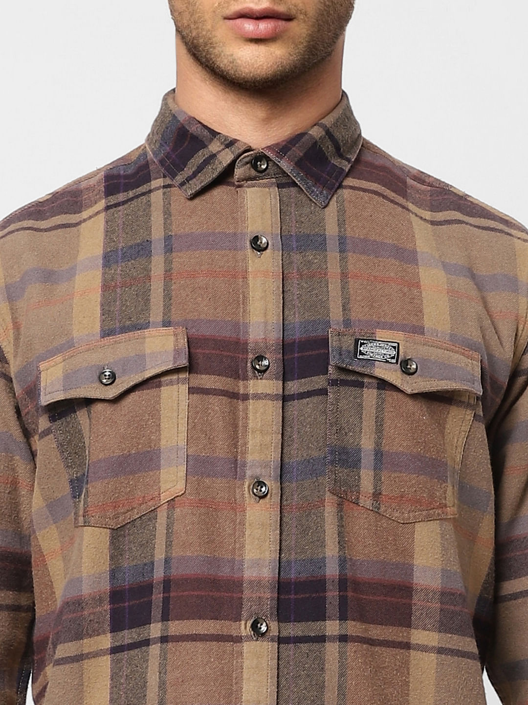 Brown Check Print Full Sleeves Shirt