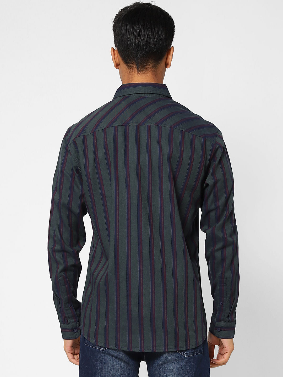 Green Striped Full Sleeves Shirt
