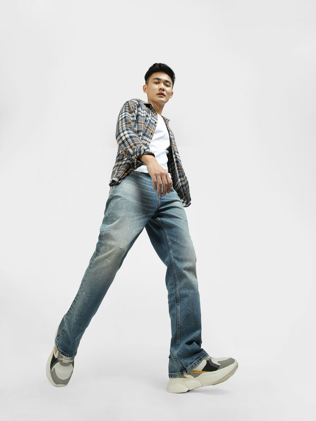 Blue High Rise Distressed Bootcut Jeans