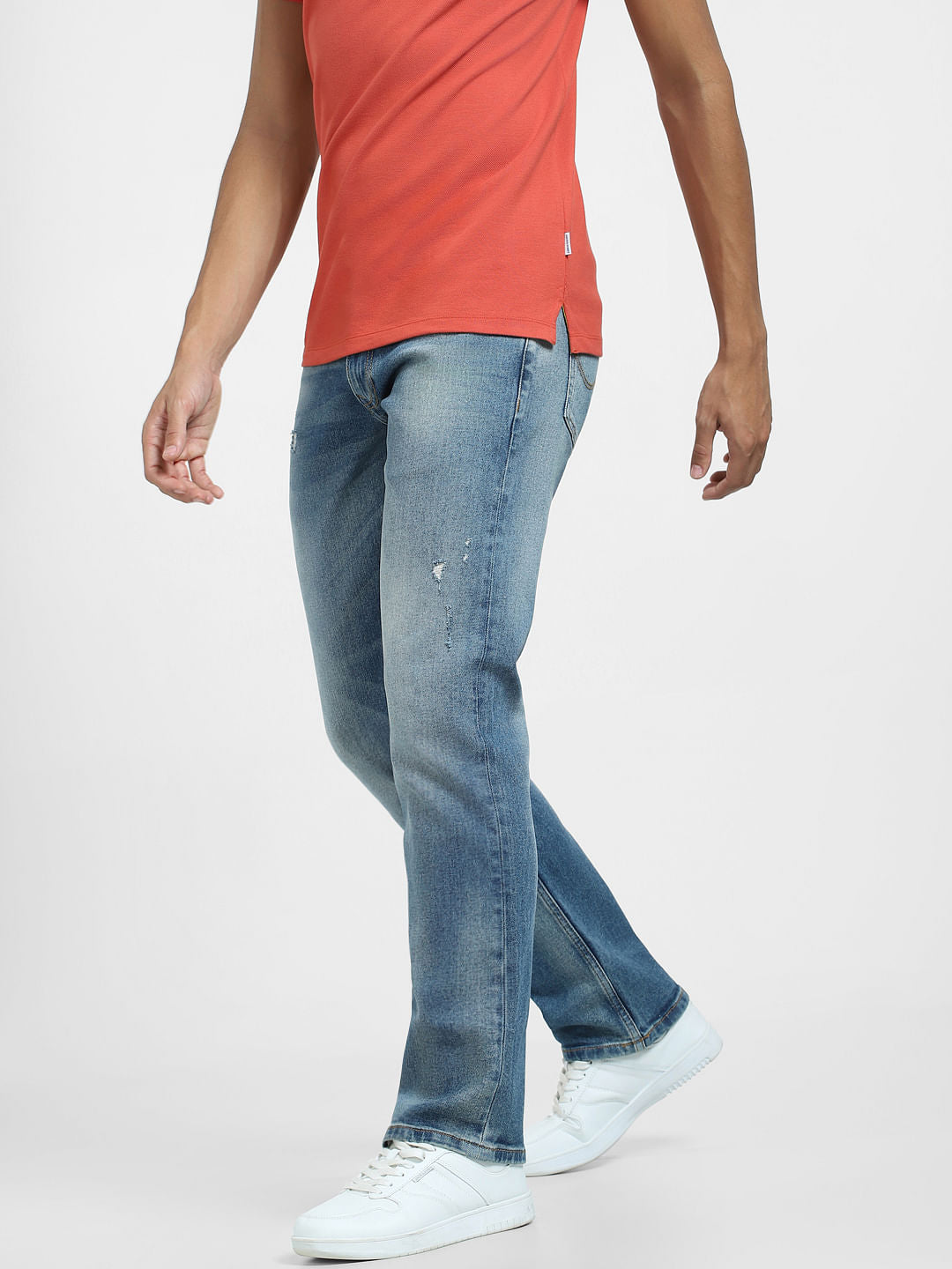 Blue Mid Rise Distressed Clark Regular Jeans