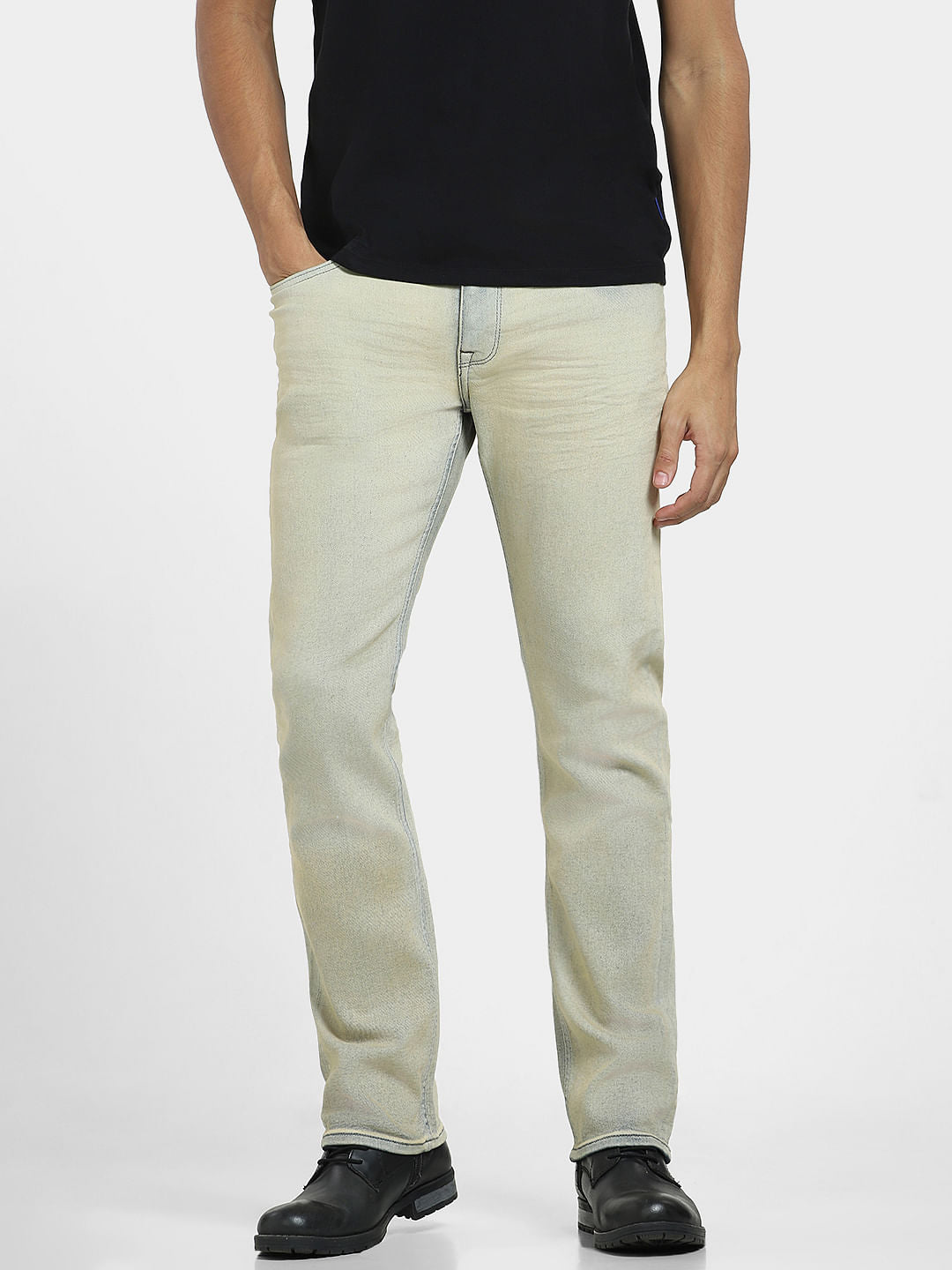 Blue Mid Rise Heavily Washed Regular Fit Jeans
