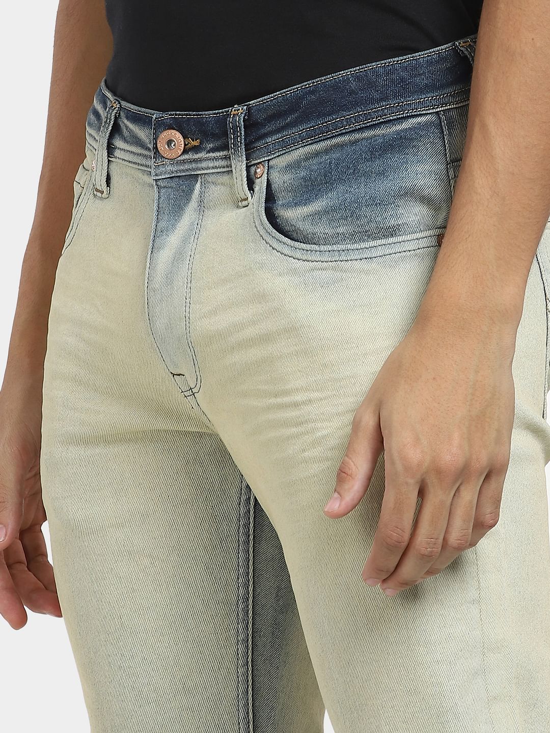 Blue Mid Rise Heavily Washed Regular Fit Jeans