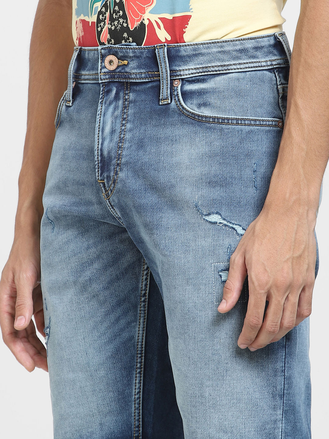 Light Blue Mid Rise Distressed Denim Shorts