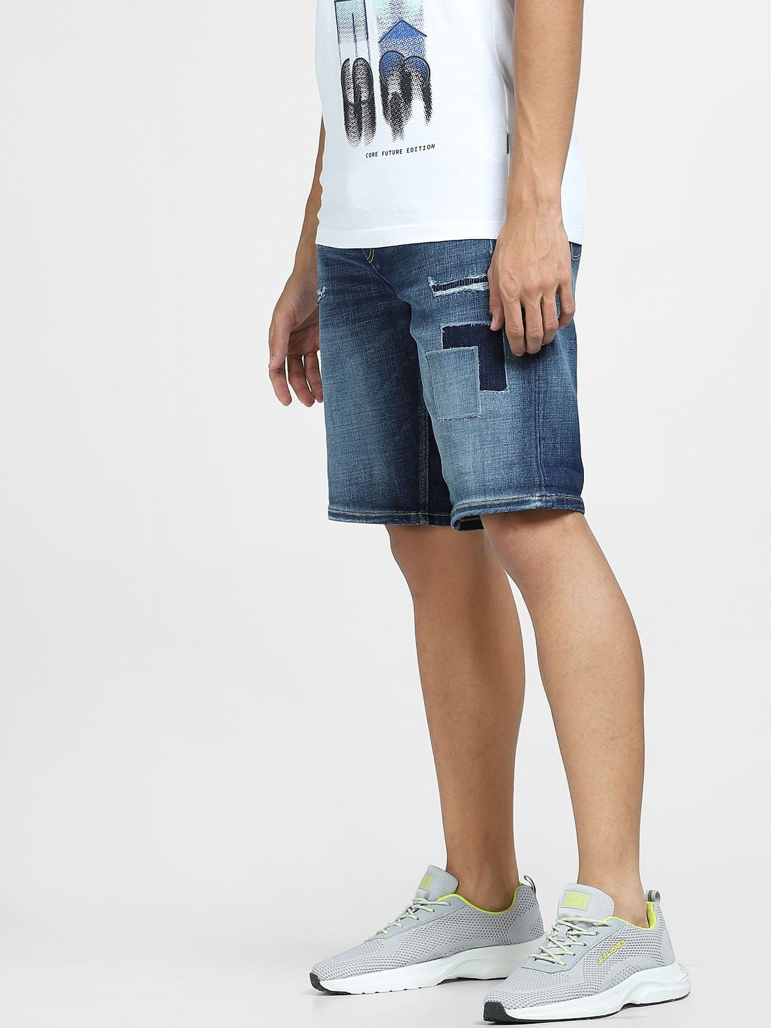 Blue Low Rise Distressed Denim Shorts