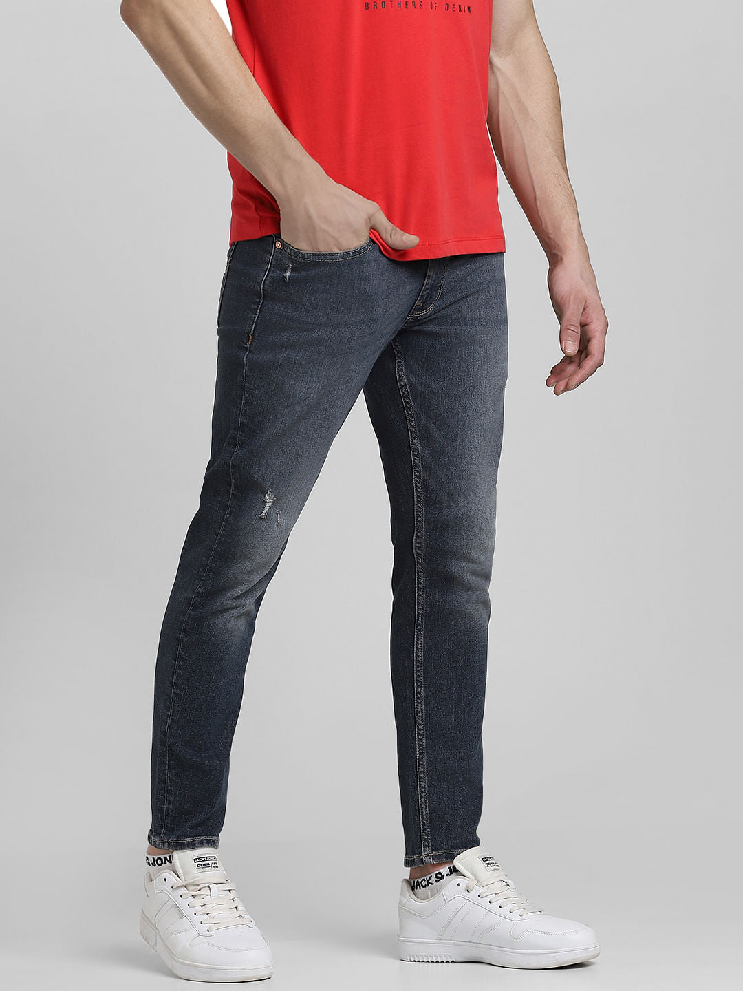 Dark Blue Mid Rise Distressed Glenn Slim Fit Jeans