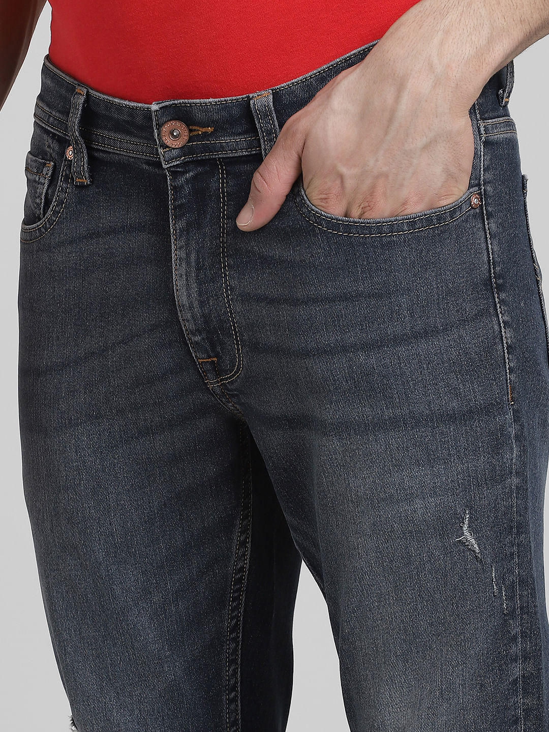 Dark Blue Mid Rise Distressed Glenn Slim Fit Jeans