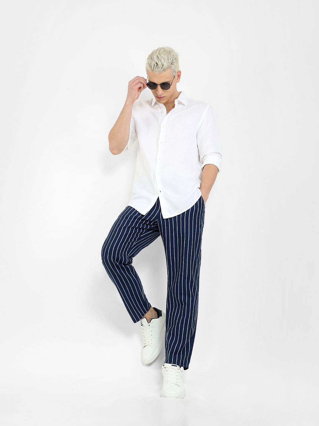 Navy Blue Mid Rise Striped Pants - 28/30