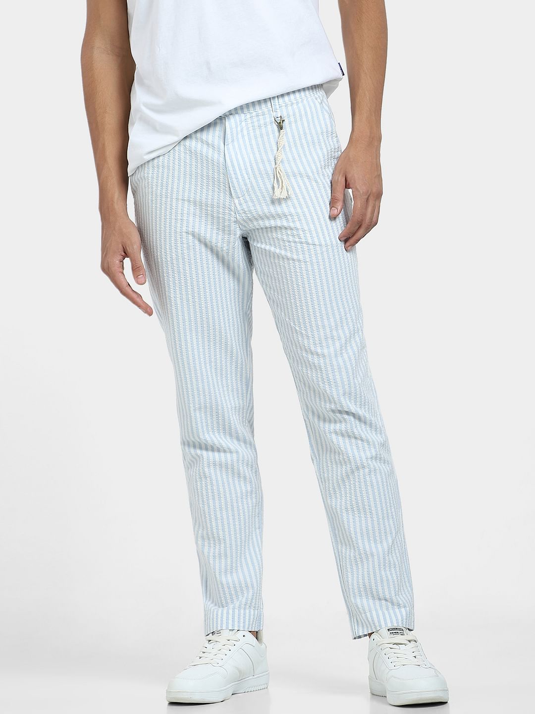 Blue Mid Rise Striped Pants