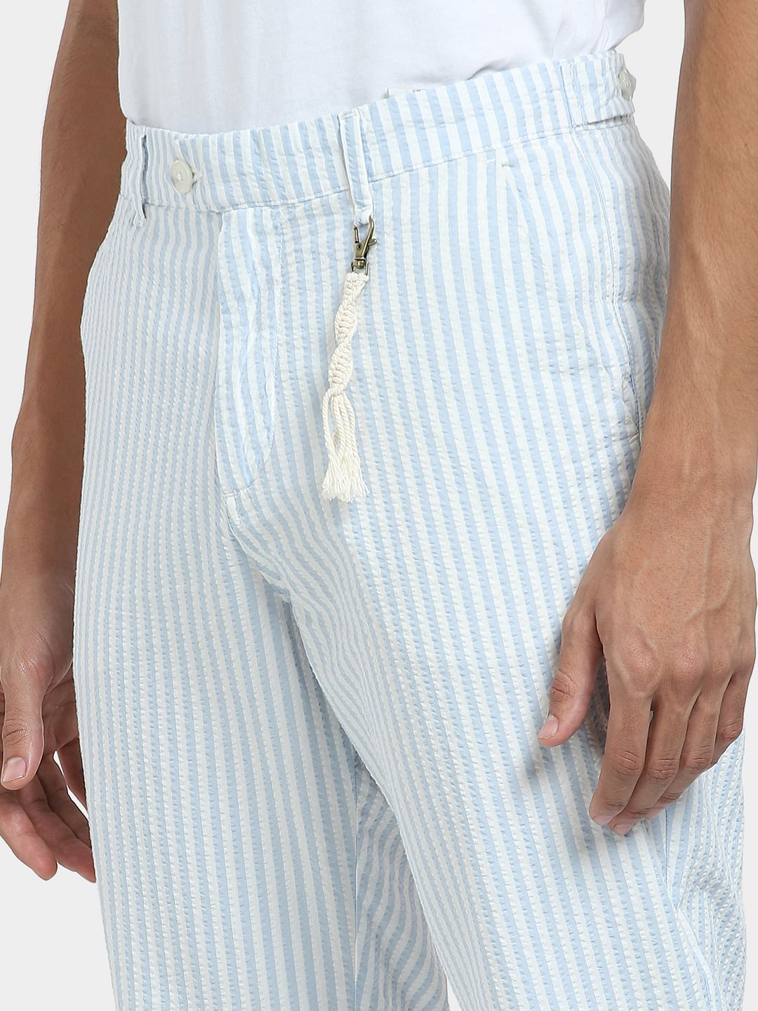 Blue Mid Rise Striped Pants