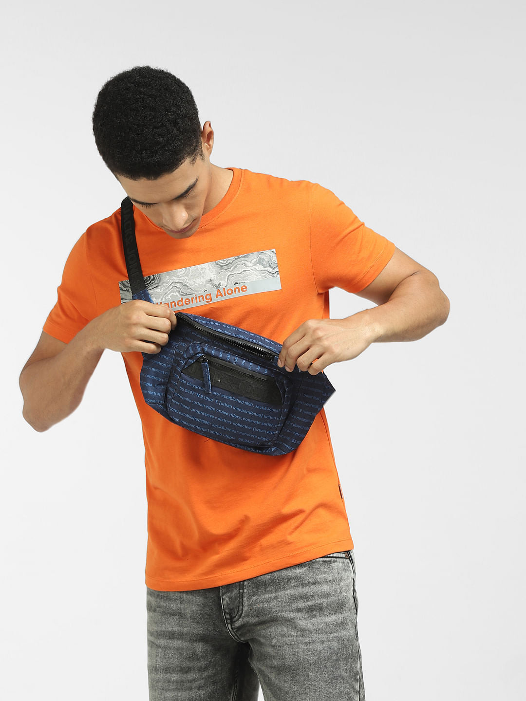 Orange Graphic Print Crew Neck T-shirt - S