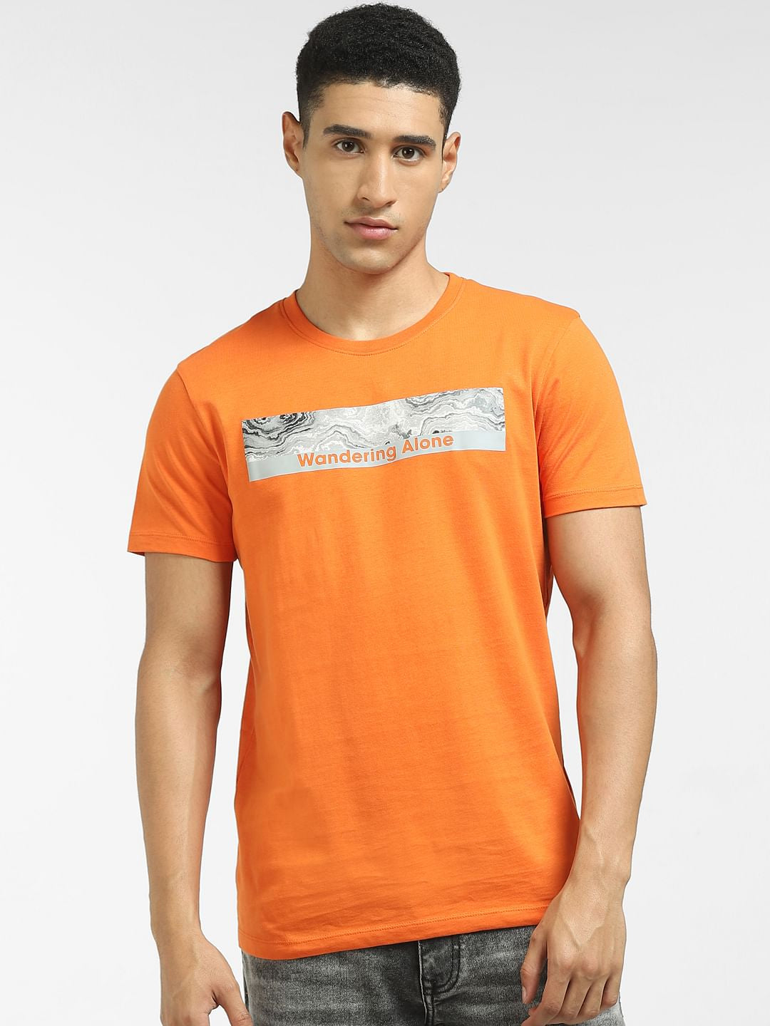 Orange Graphic Print Crew Neck T-shirt