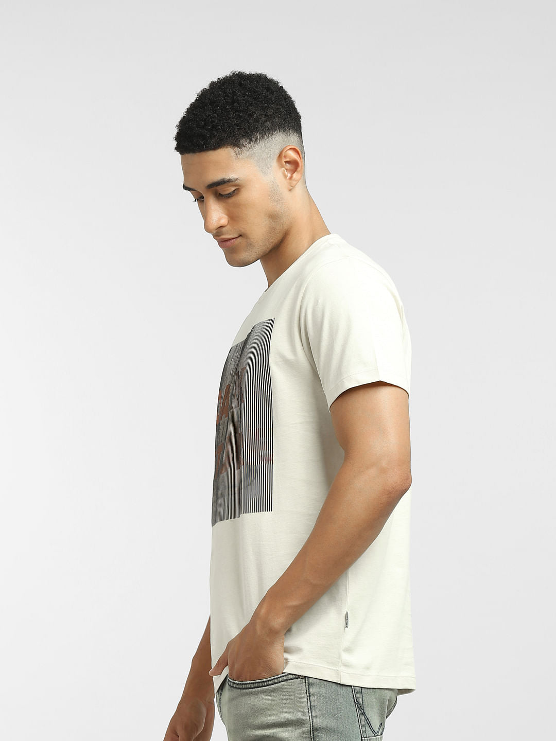 Beige Graphic Print Crew Neck T-shirt