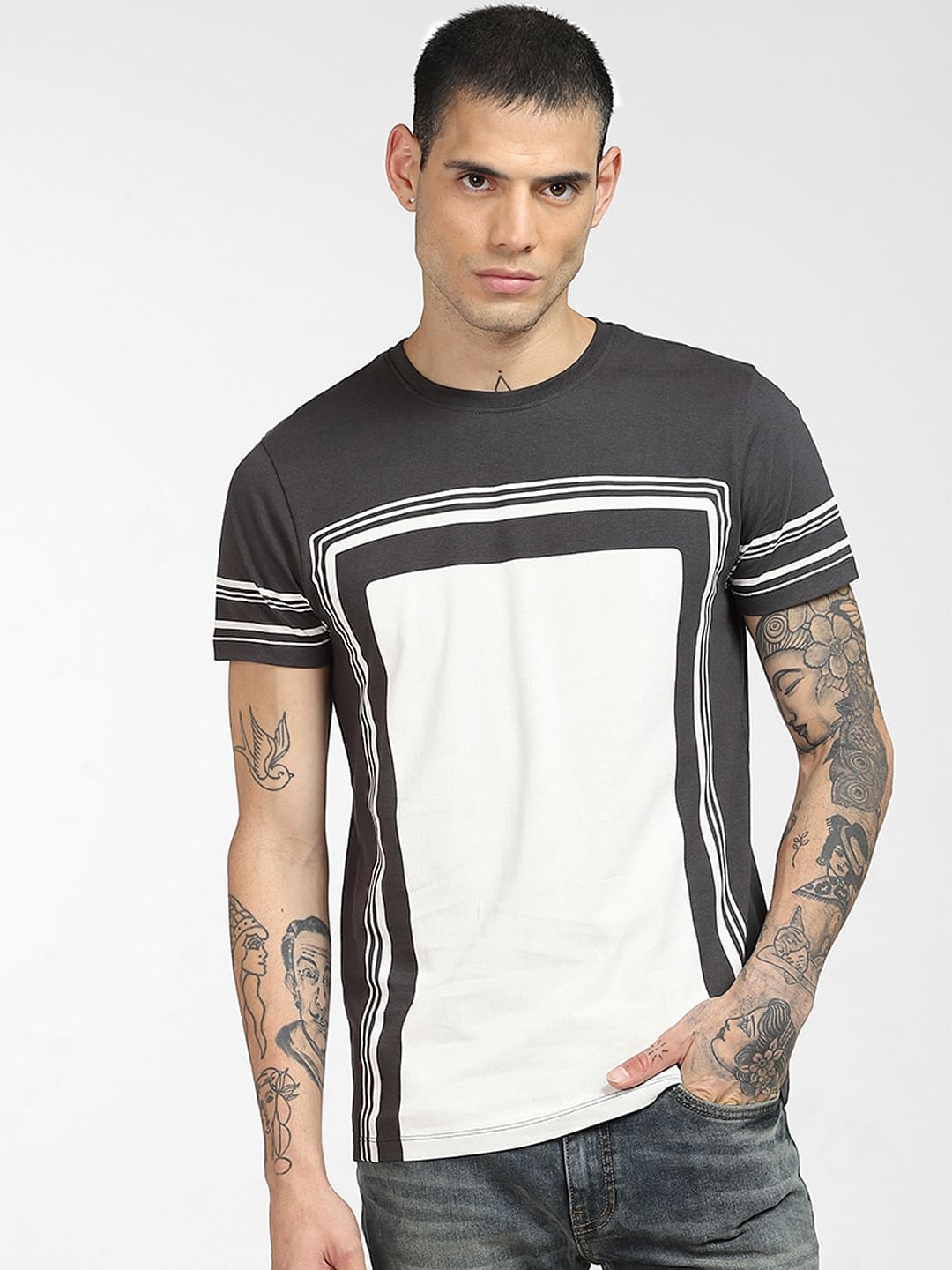 Grey Colourblocked Crew Neck T-shirt