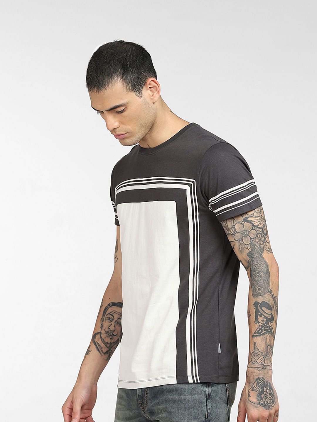 Grey Colourblocked Crew Neck T-shirt