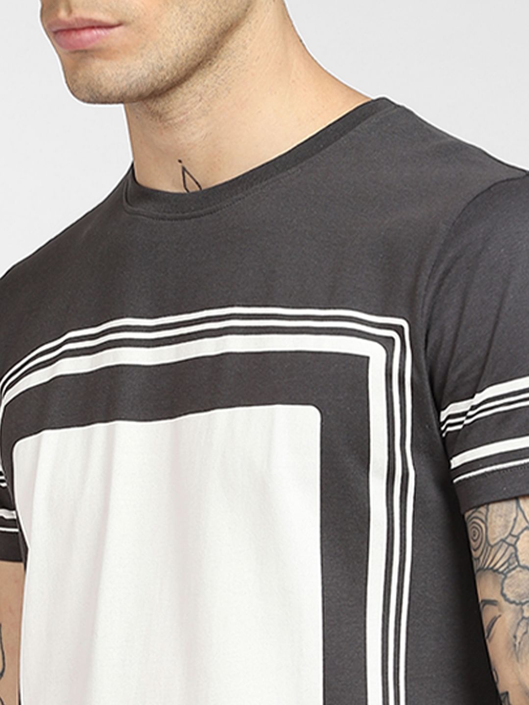 Grey Colourblocked Crew Neck T-shirt