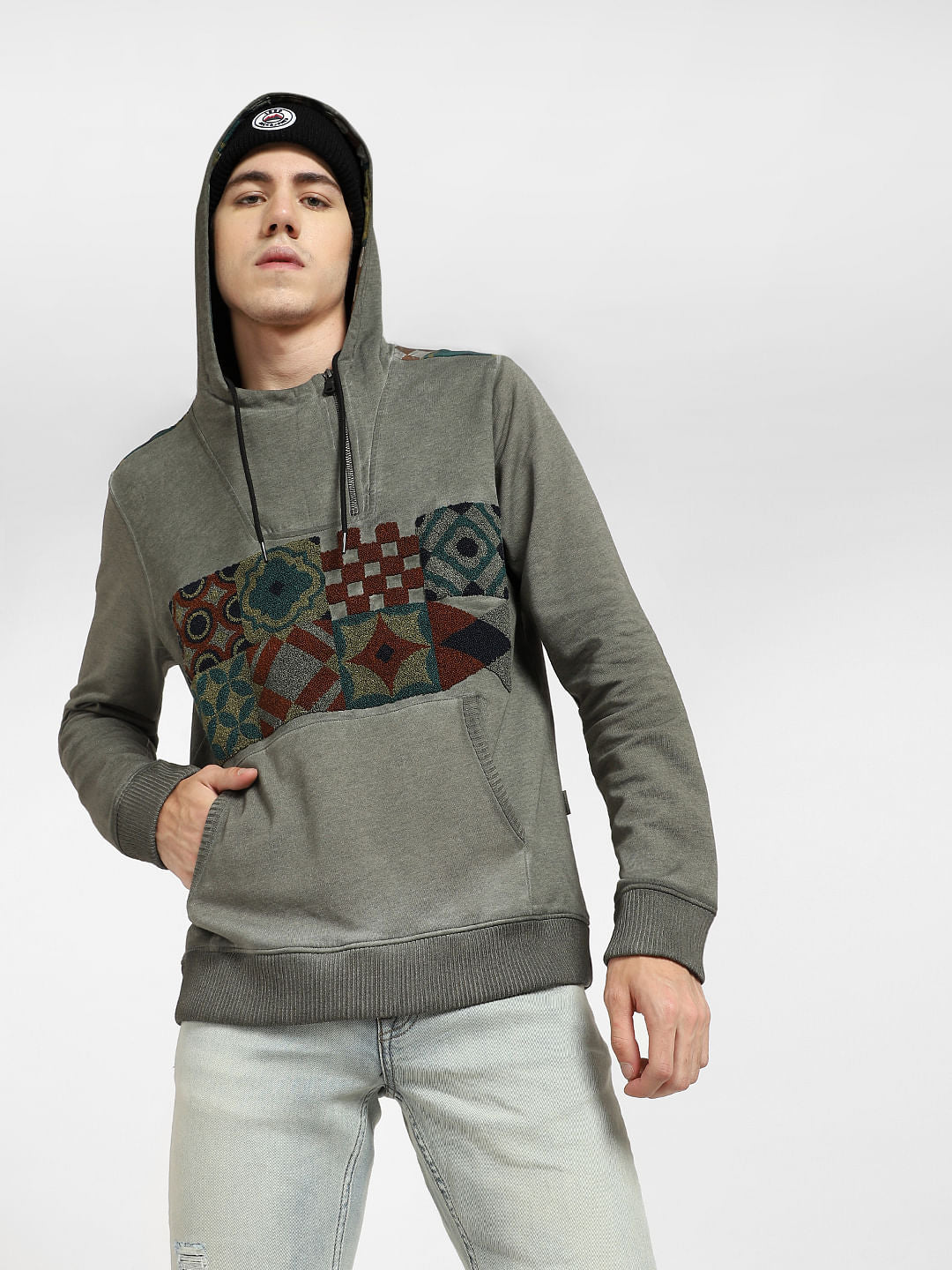 Green Graphic Print Hooded Sweatshirt - S