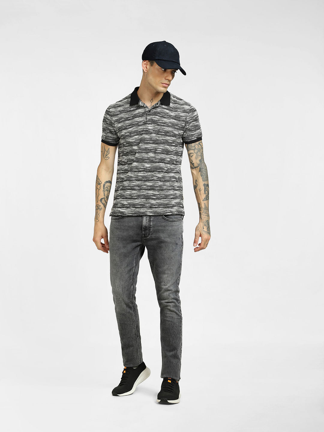 Black Striped Polo Neck T-shirt - S