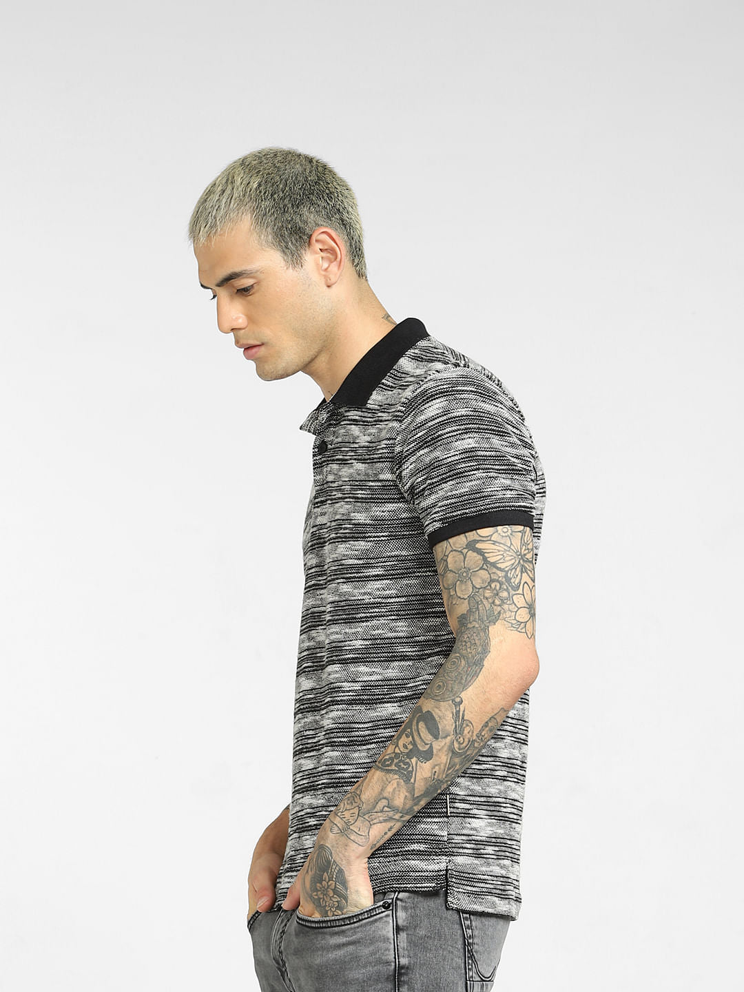 Black Striped Polo Neck T-shirt
