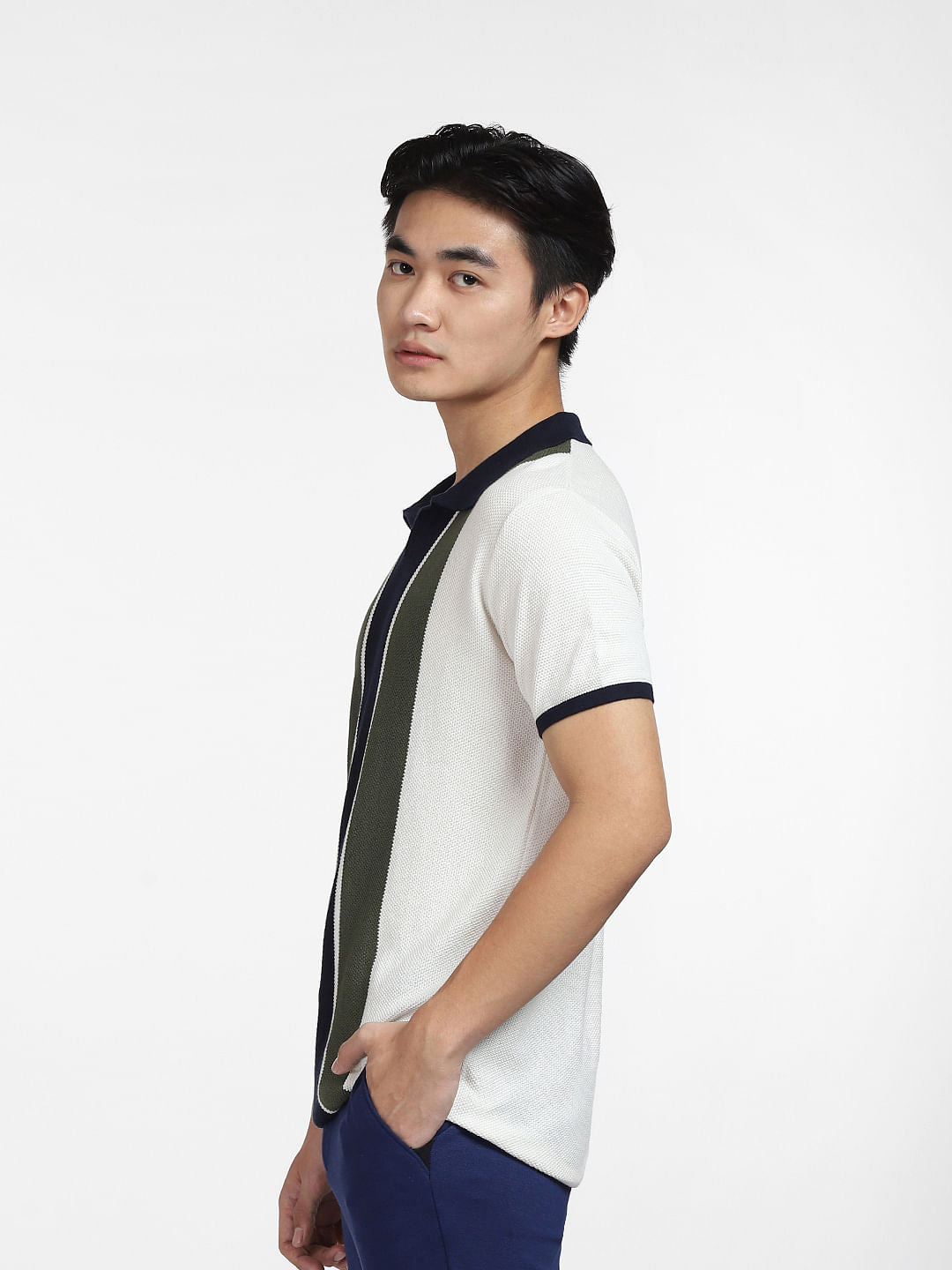 Navy Blue Knitted Colourblocked Polo T-shirt