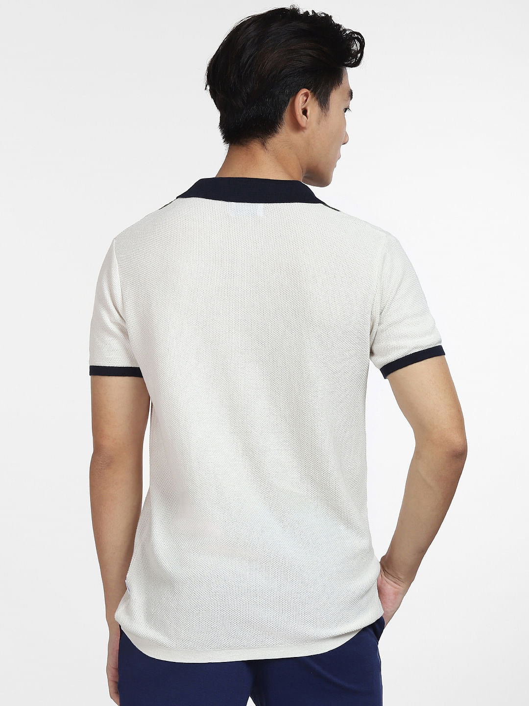 Navy Blue Knitted Colourblocked Polo T-shirt