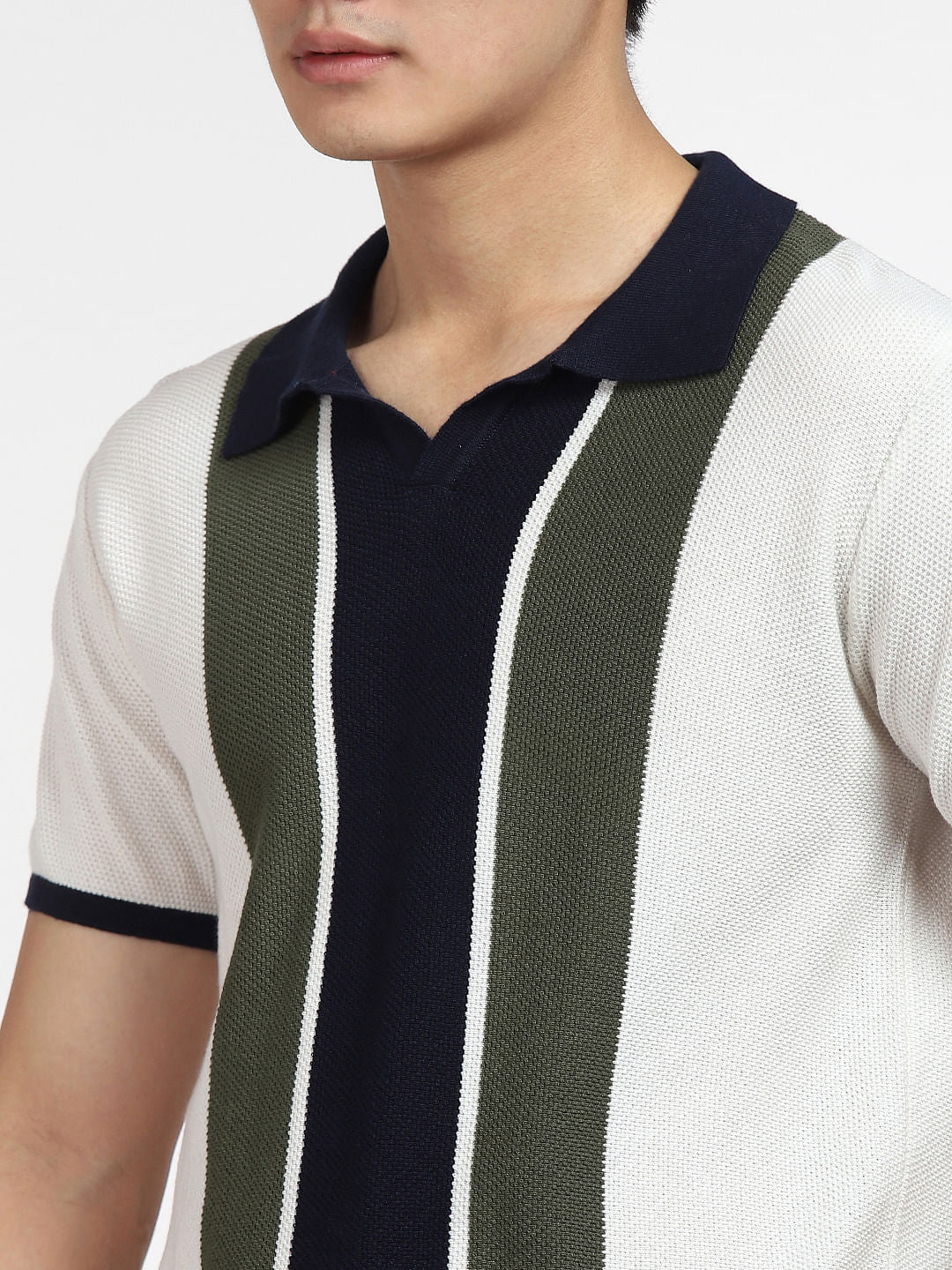 Navy Blue Knitted Colourblocked Polo T-shirt