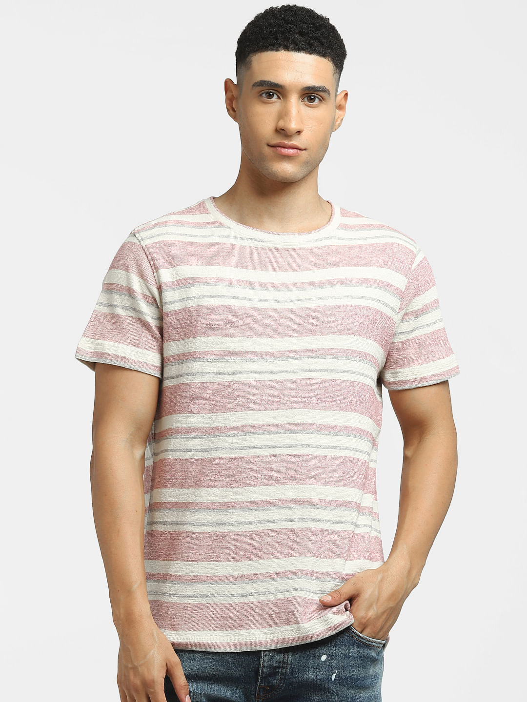 Pink Striped Crew Neck T-shirt