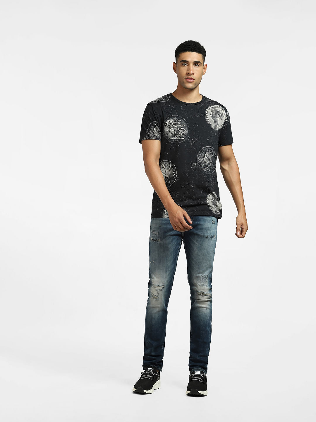 Black Coin Print Crew Neck T-shirt