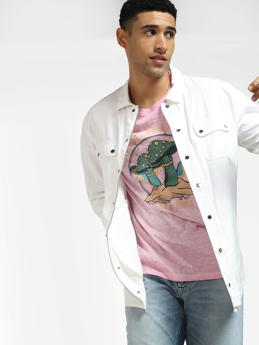 Pink Mushroom Print Crew Neck T-shirt