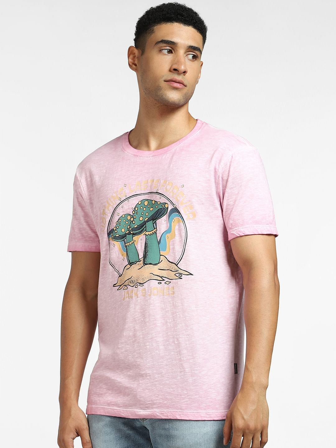 Pink Mushroom Print Crew Neck T-shirt