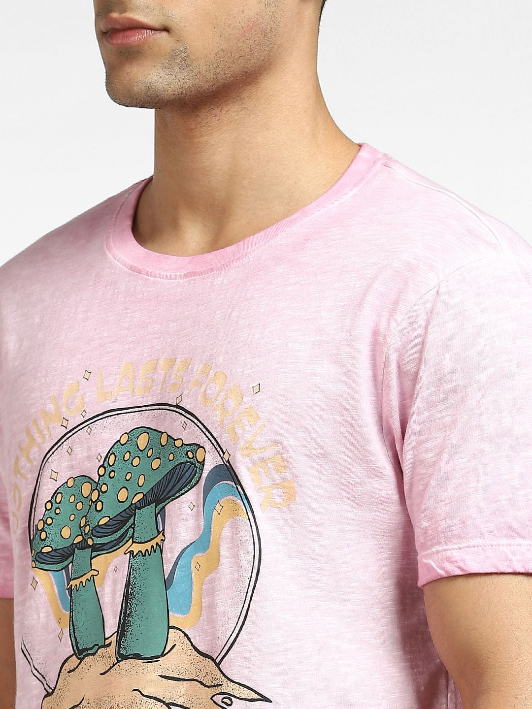 Pink Mushroom Print Crew Neck T-shirt