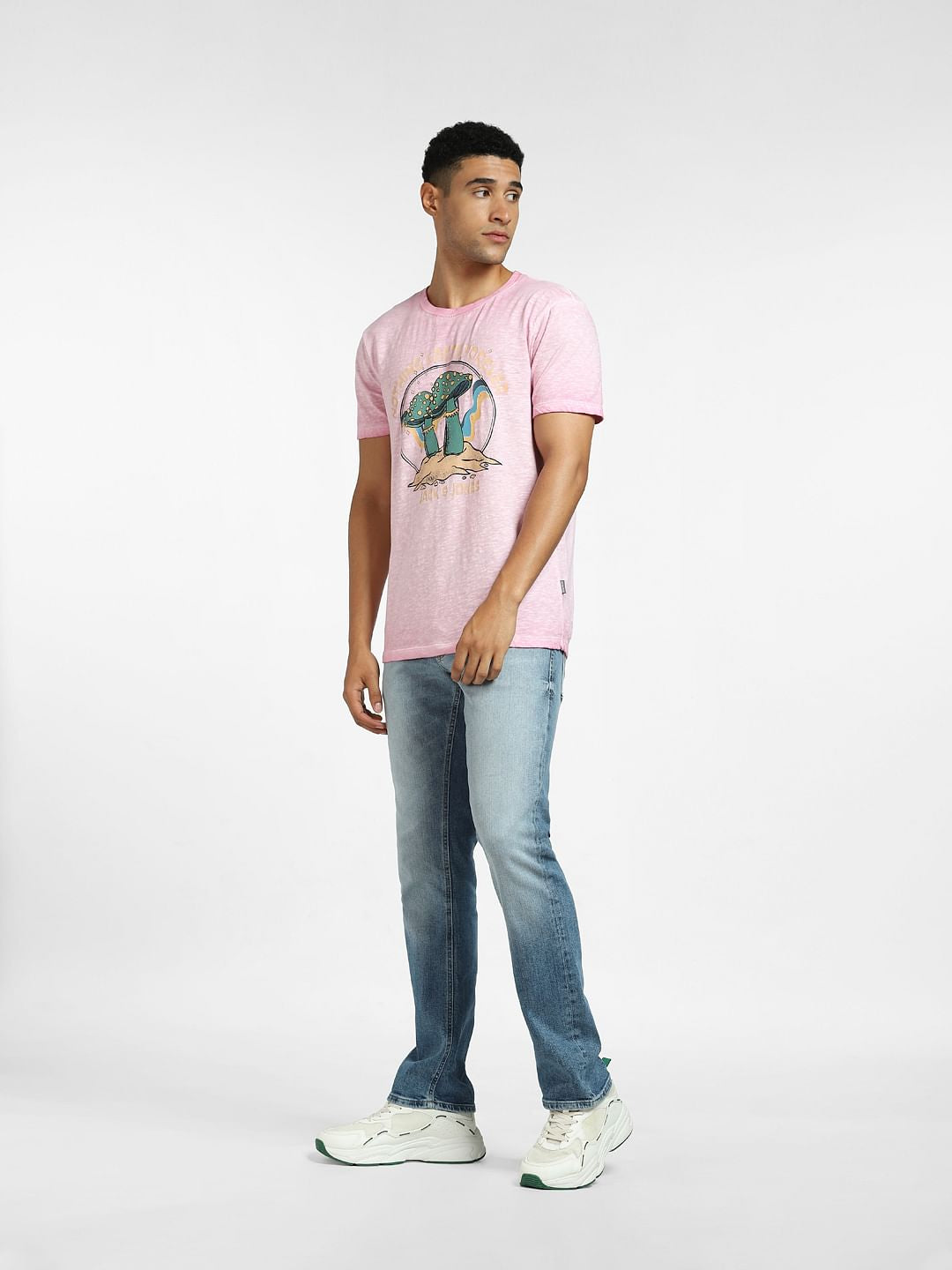 Pink Mushroom Print Crew Neck T-shirt